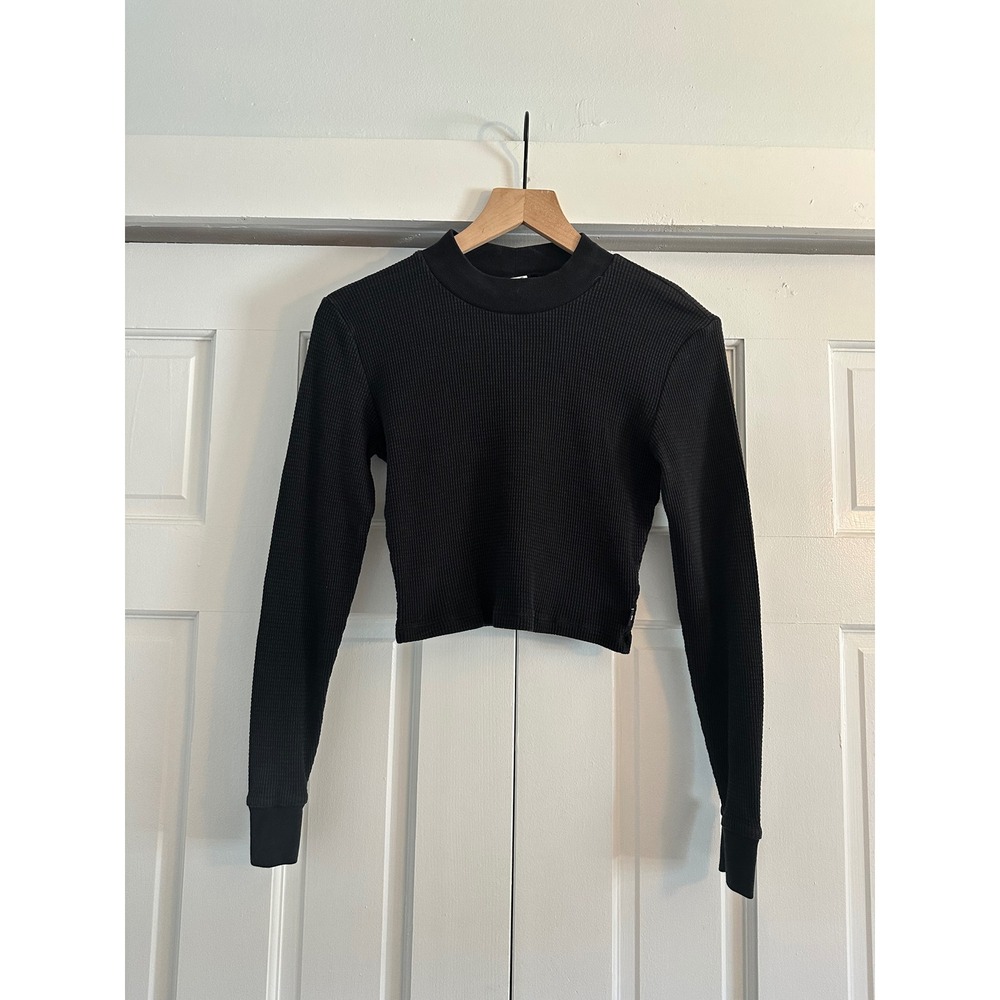 Tna Aritzia Black Waffle Knit Thermal Mock Neck Cropped Long Sleeve Top Medium